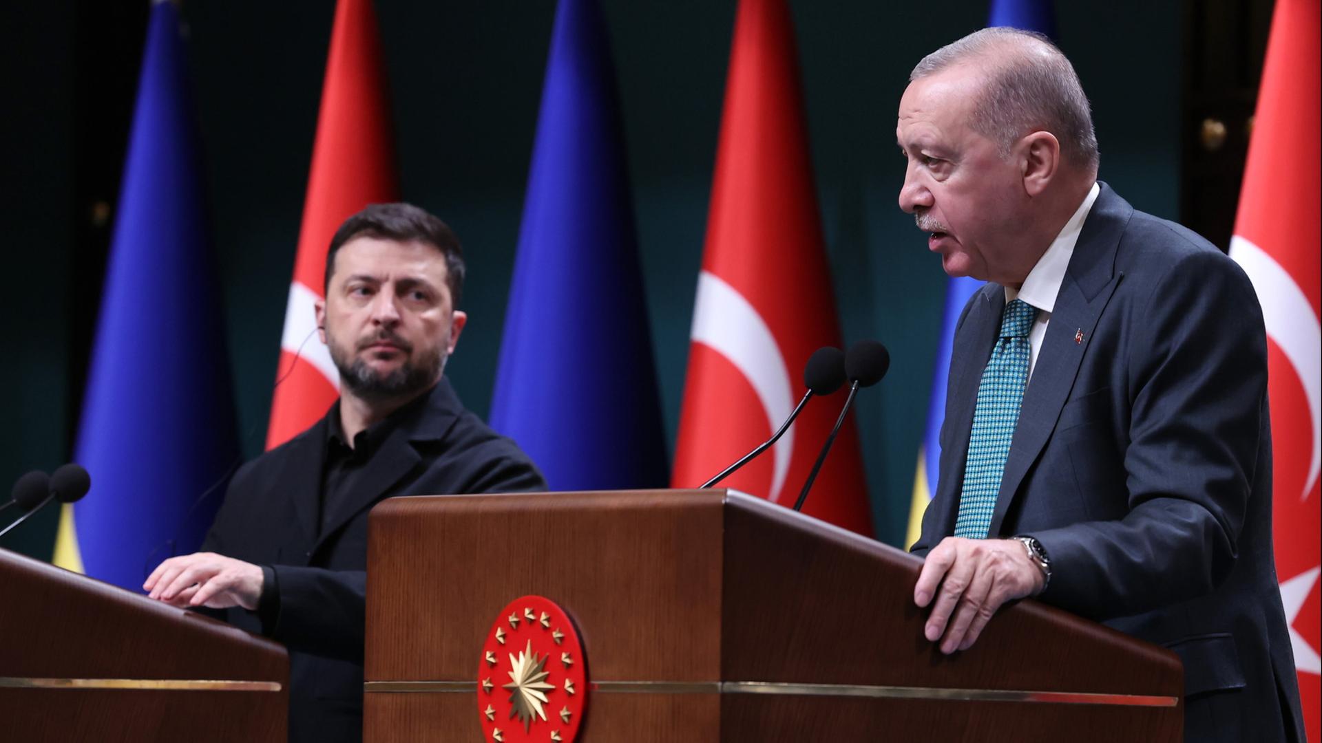 Recep Tayyip Erdogan spricht neben Wolodymyr Selenskyj an einem Rednerpult | AP