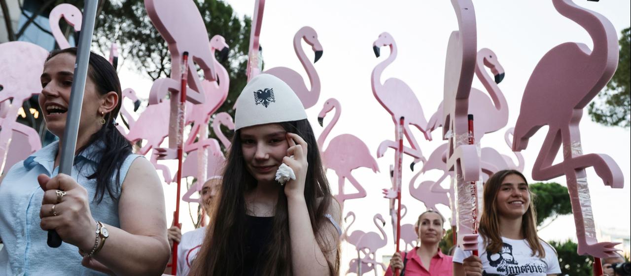 Mehrere Frauen tragen Papp-Flamingos auf einer Demonstration