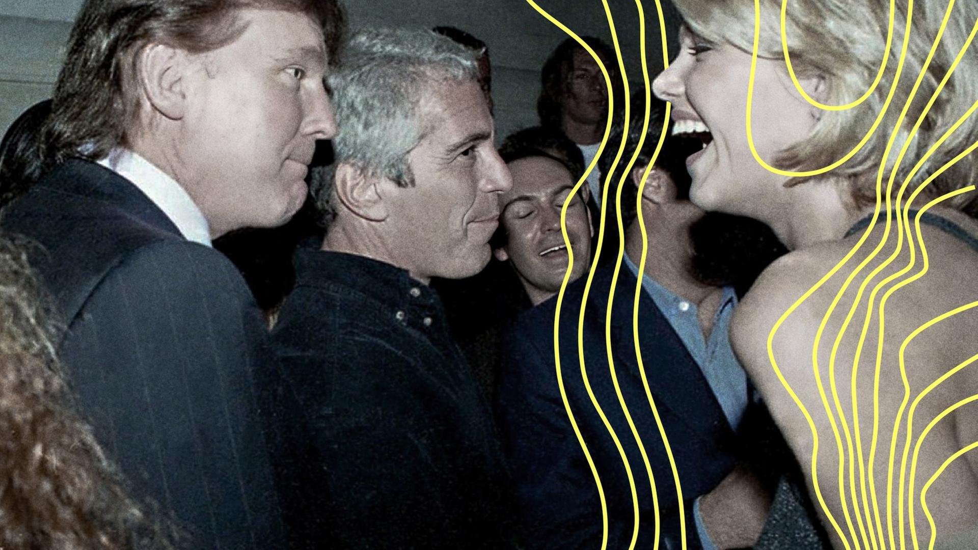 Donald Trump, das belgische Model Ingrid Seynhaeve und Jeffrey Epstein in einer Menschenmenge. | picture alliance / ZUMAPRESS.com | Epstein Estate/House Oversight