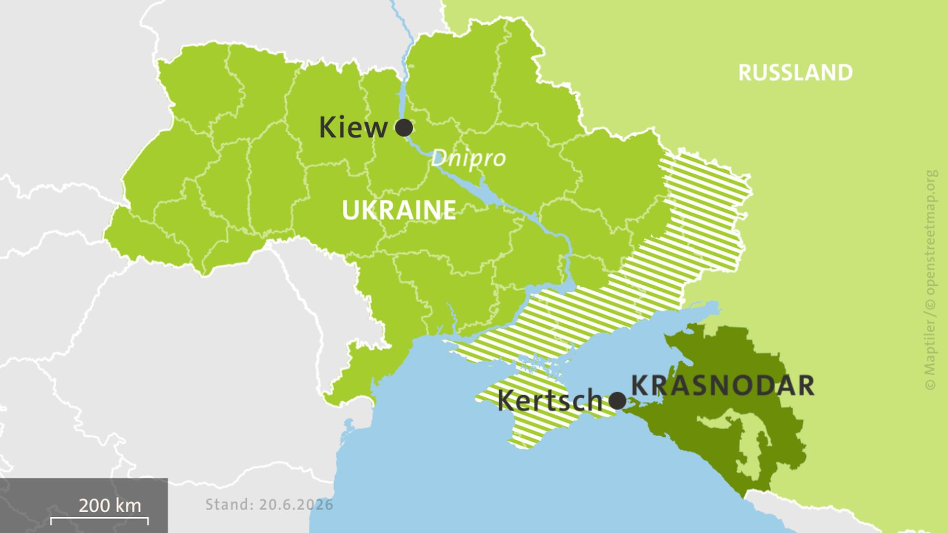 Karte: Ukraine und Russland, hell schraffiert: von Russland besetzte Gebiete. | ISW, Critical Threats Project | Stand: 20.6.26
