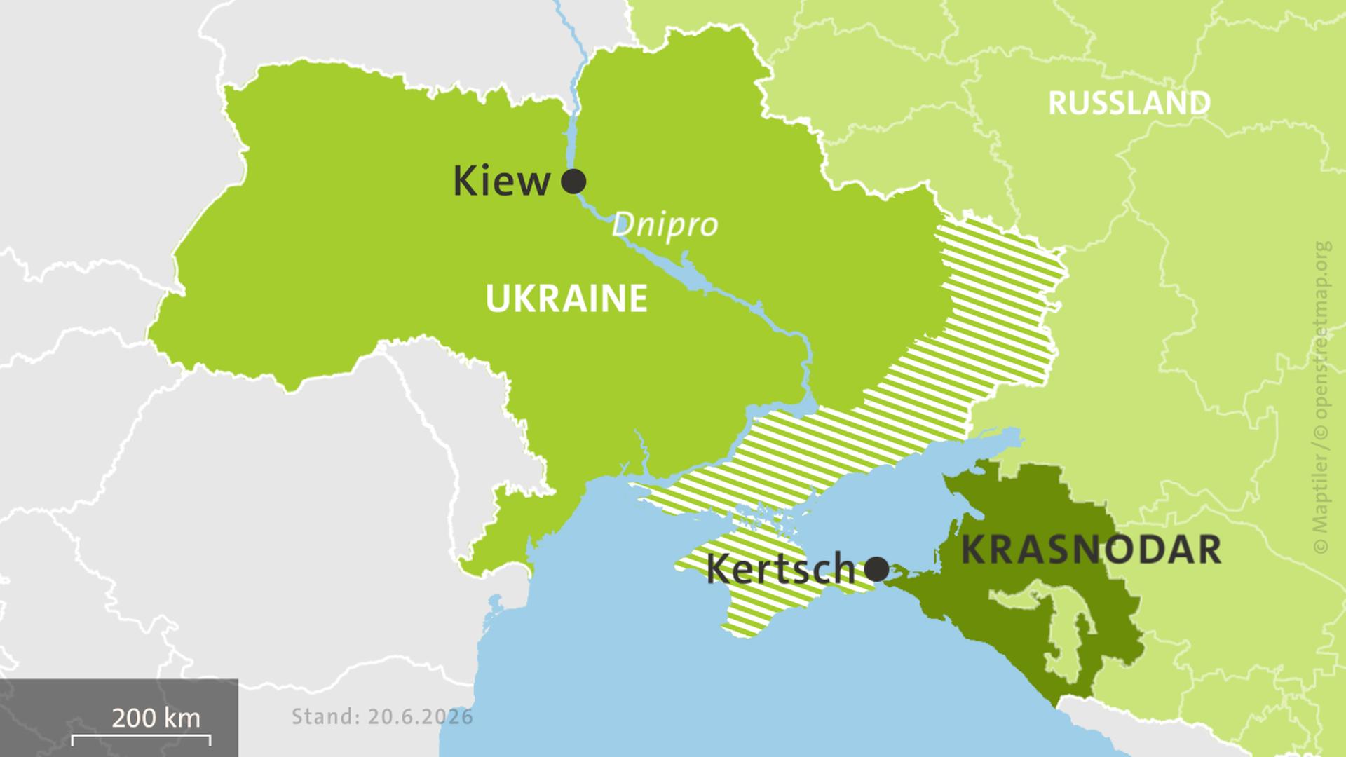 Karte: Ukraine und Russland, hell schraffiert: von Russland besetzte Gebiete. | ISW, Critical Threats Project | Stand: 20.6.26