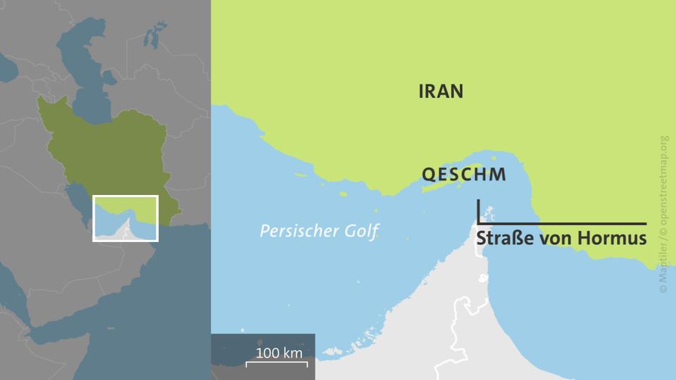 Karte Iran mit Insel Qeschm, Persischer Golf und Straße von Hormus