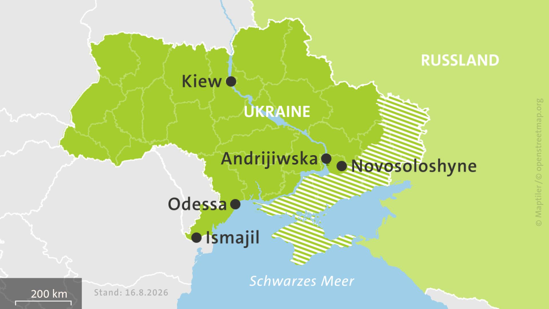 Karte: Ukraine und Russland, hell schraffiert: von Russland besetzte Gebiete. | ISW, Critical Threats Project | Stand: 16.8.2026