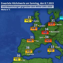 Höchstwerte in Europa und Abweichung vom Mittel am Samstag
