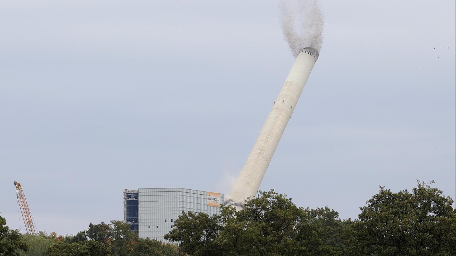 Der 280 Meter hohe Schornstein am früheren Dampfkraftwerk von RWE fällt nach der Sprengung in sich zusammen. | dpa