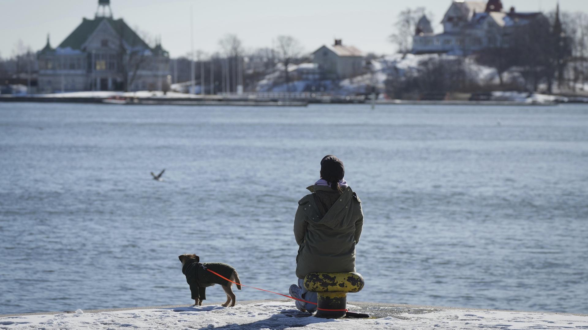 Eine Frau geniet den sonnigen und frostigen Tag am Ufer des Sdhafens in Helsinki (Finnland). | dpa