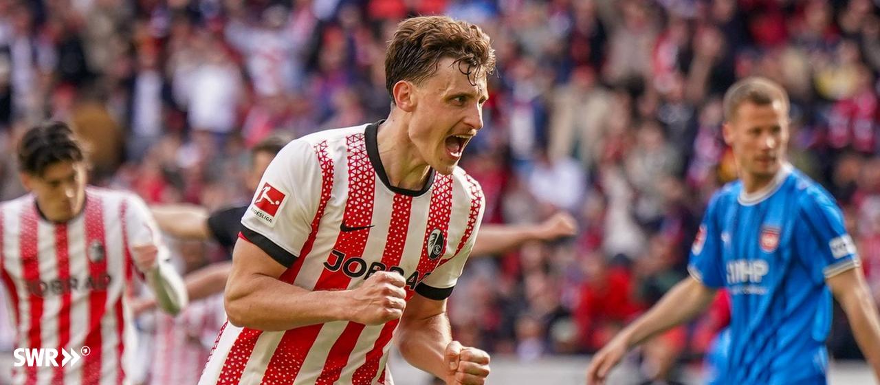 Maximilian Eggestein vom SC Freiburg bejubelt seinen Siegtreffer gegen den 1. FC Heidenheim.