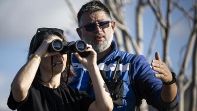 Baerbock lässt sich von einem EU-Beobachter die Lage an der armenischen Grenze erklären.