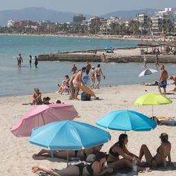 Menschen schwimmen und sonnen sich am Strand von Arenal auf Mallorca.