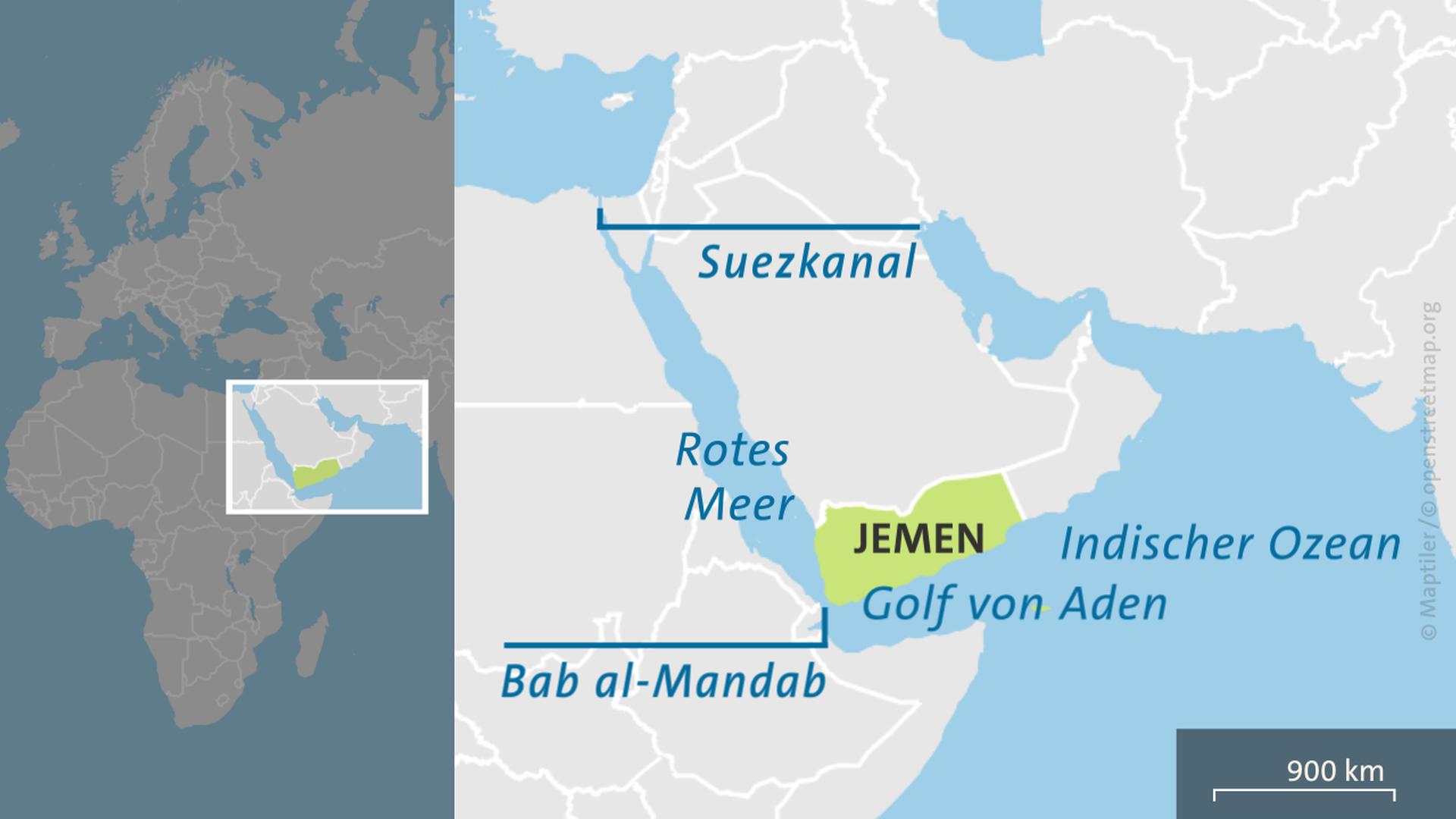 Karte Jemen mit Golf von Aden, Rotes Meer, Suezkanal, Bab al-Mandab | ARD-aktuell