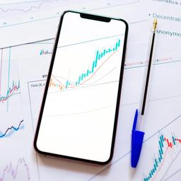 Börsenkurse auf einem Smartphone und ausgedruckten Papieren.