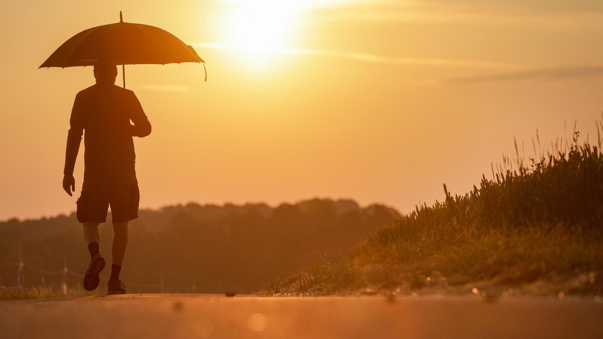 Mann mit Sonnenschirm vor Sonne | Thomas Warnack/dpa