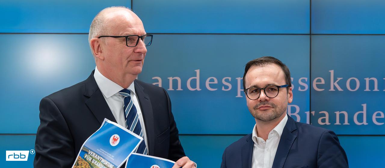Dietmar Woidke (l, SPD), Prime Minister of Brandenburg, next to Jan Redmann (r), Chairman of the Brandenburg CDU (Source: dpa)