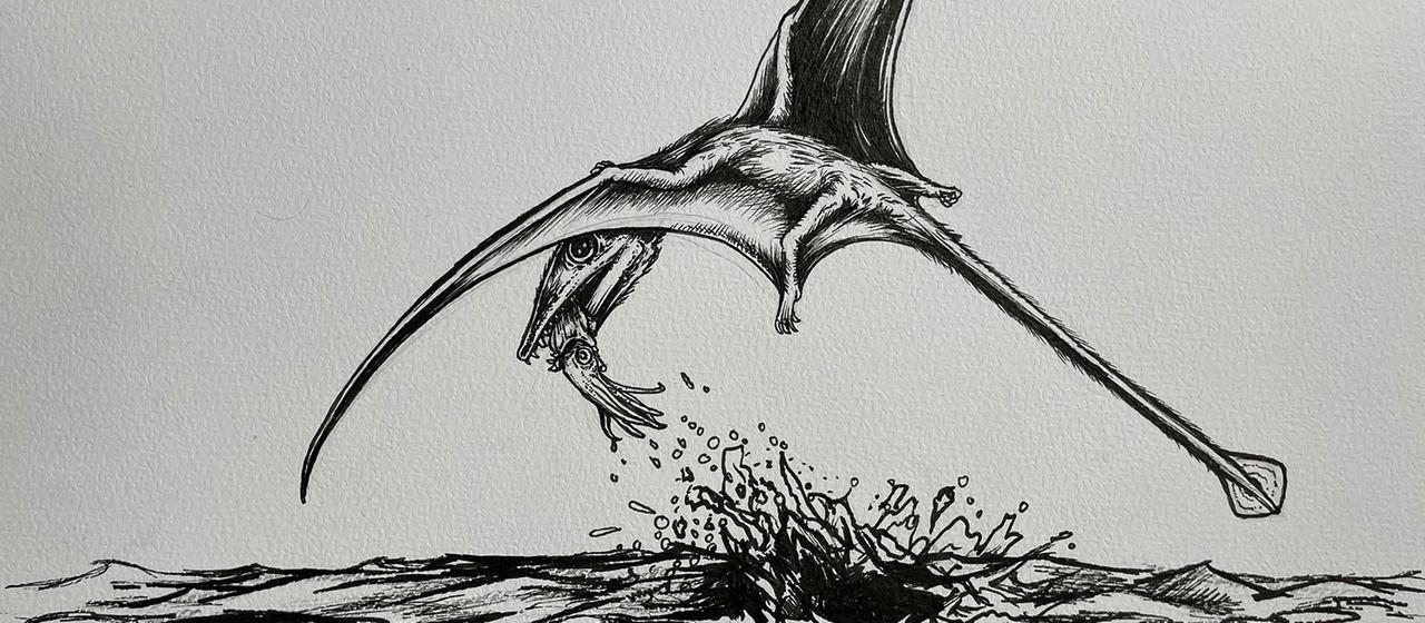 Zeichnung eines Flugsauriers beim Fangen eines Tintenfisches. | Samuel Cooper Zeichnung eines Flugsauriers beim Fangen eines Tintenfisches.