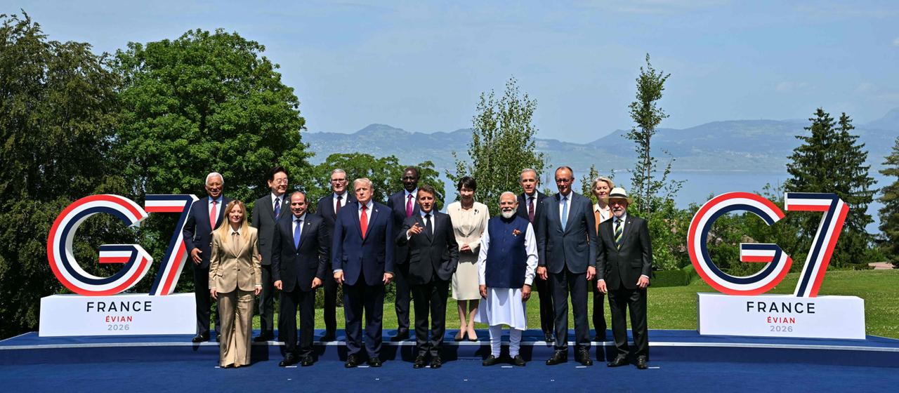 Die Staatschef der G7-Staaten und weitere Gäste bei einem Treffen in Evian.
