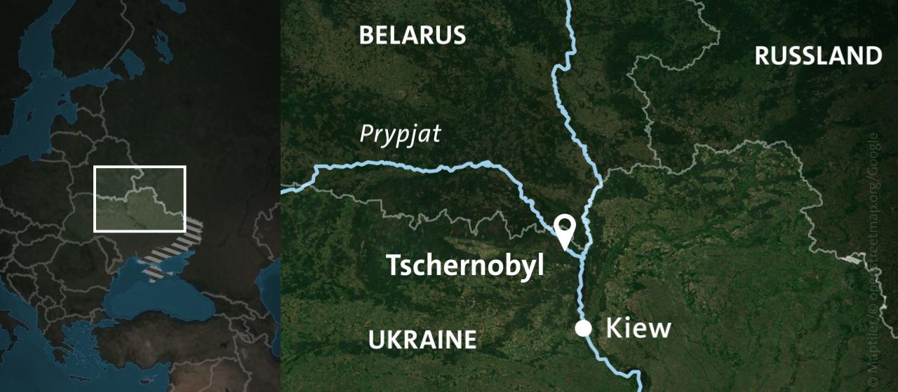 Karte: Tschernobyl, Ukraine, Belarus und Russlands, hell schraffiert: von Russland besetzte Gebiete.