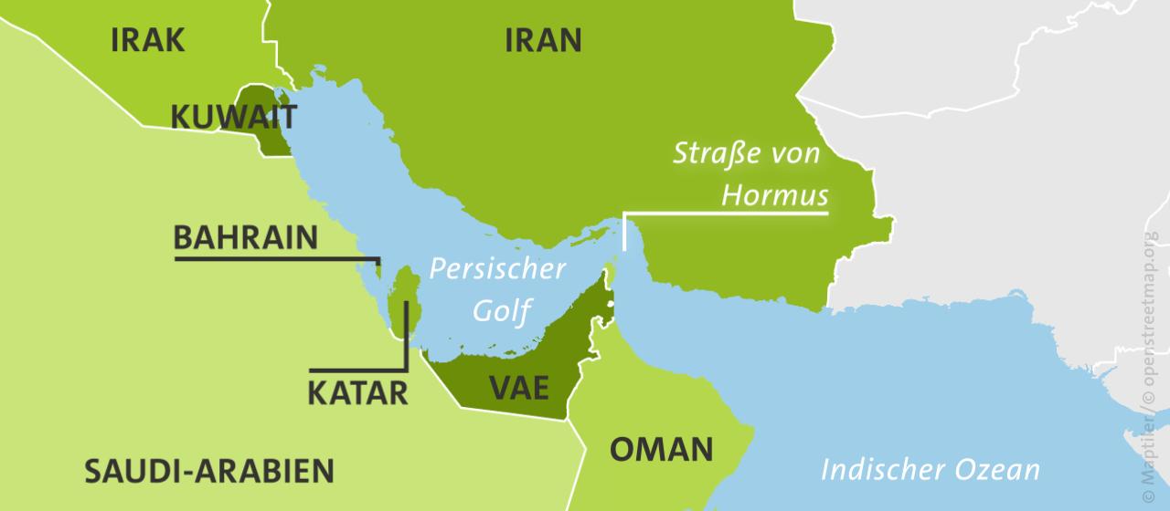 Die Karte zeigt den Persischen Golf, die Straße von Hormus und die Anrainerstaaten