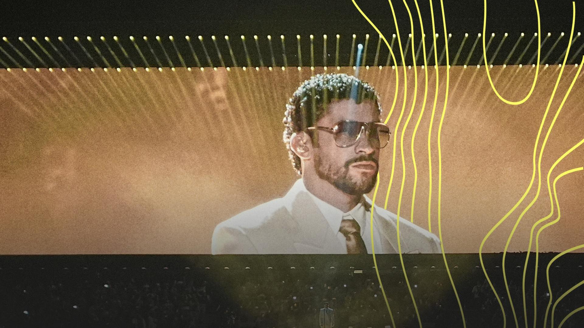 Bad Bunny ist bei einem seiner Konzerte in Mexiko City auf einer groÃen Leinwand zu sehen. | picture alliance / ASSOCIATED PRESS, Eduardo Verdugo