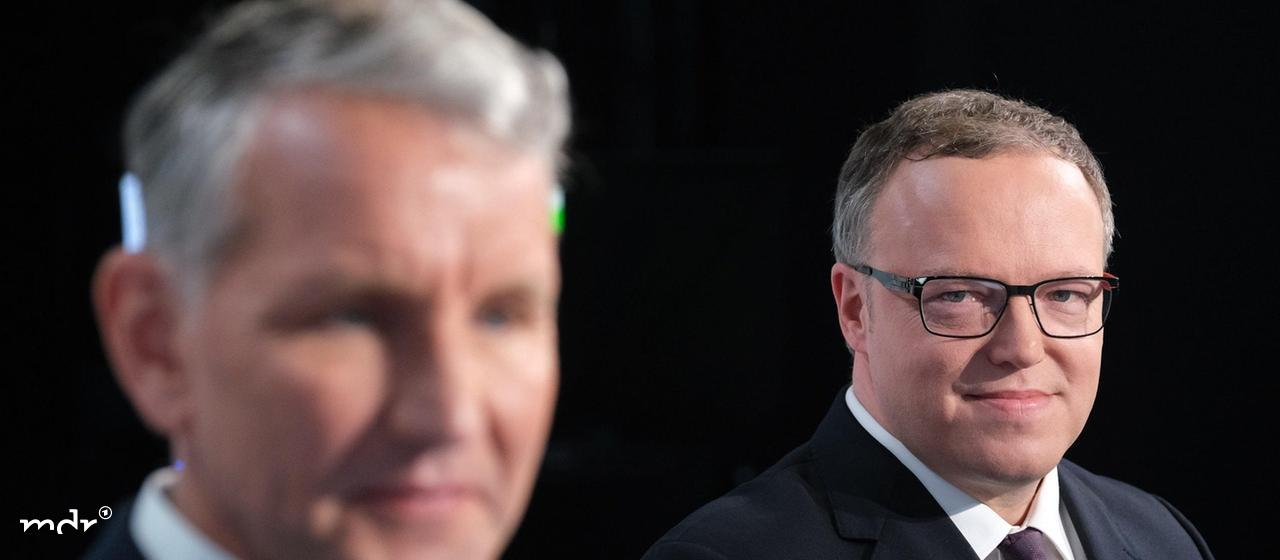 AfD-Landeschef Björn Höcke und CDU-Landeschef Mario Voigt im Berliner TV-Studio