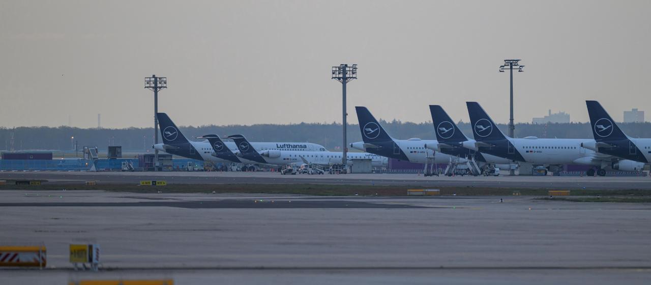 Flugzeuge der Lufthansa stehen auf Parkpositionen am Frankfurter Flughafen.