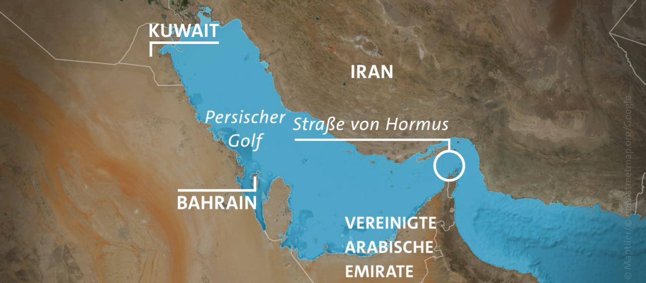 Karte: Persischer Golf mit Iran, Kuwait, Bahrain, den Vereinigten Arabischen Emiraten und der Straße von Hormus