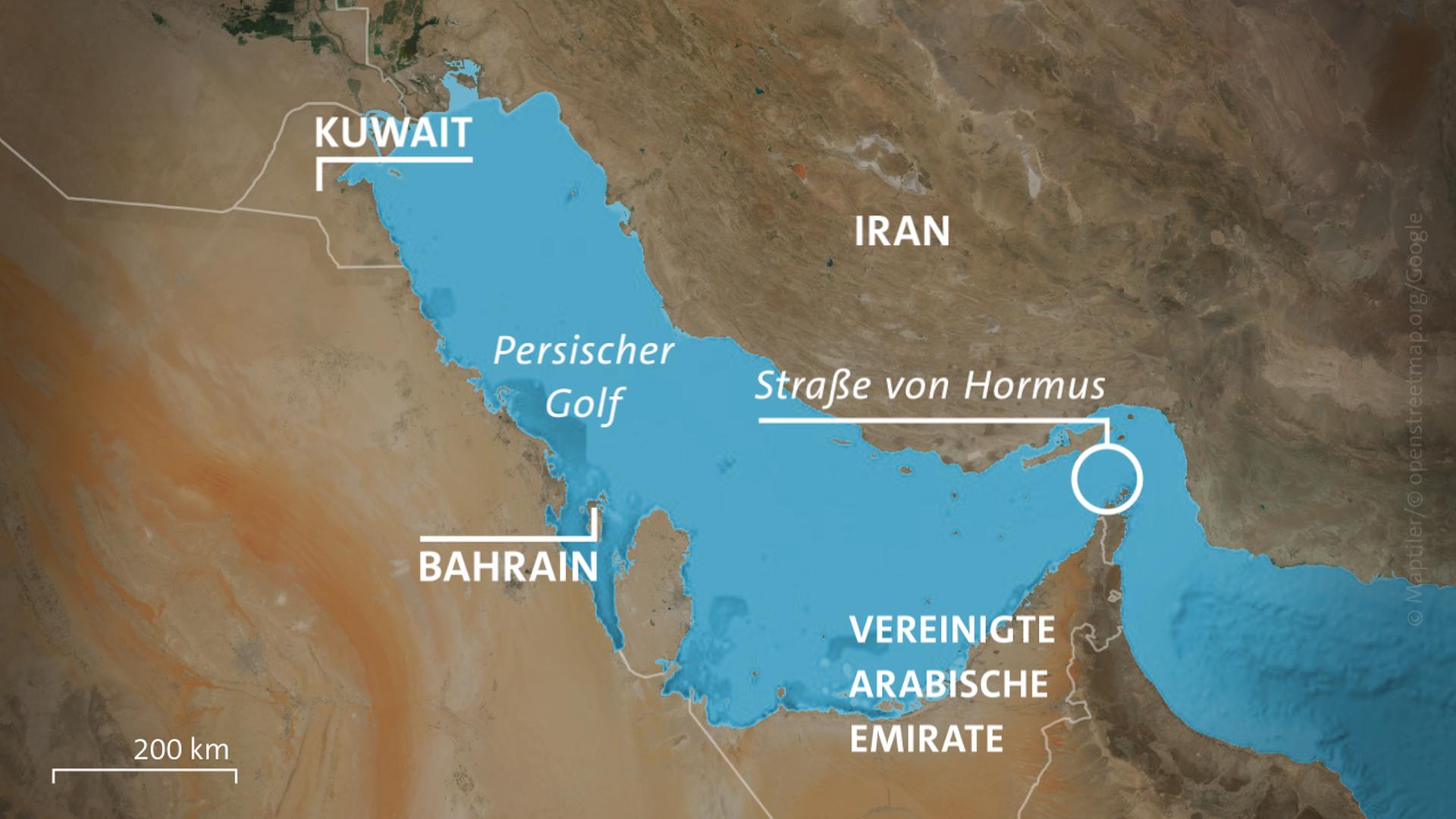 Karte: Persischer Golf mit Iran, Kuwait, Bahrain, den Vereinigten Arabischen Emiraten und der Stra�e von Hormus | ARD-aktuell