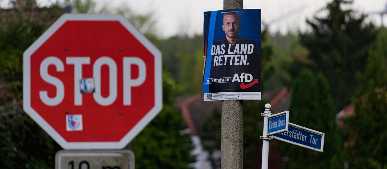Ein Wahlplakat des AfD-Spitzenkandidaten Ulrich Siegmund neben einem Stoppschild