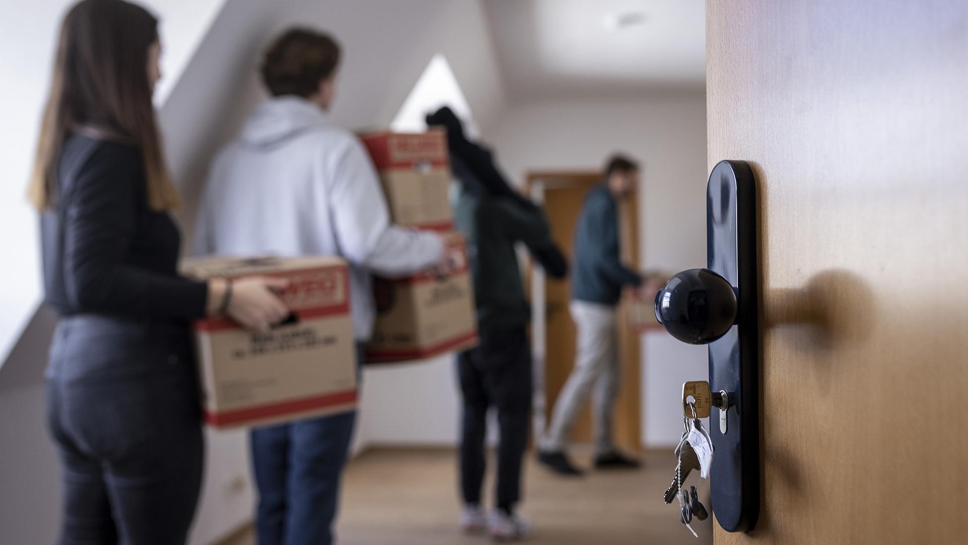 Personen tragen Umzugskartons in eine Wohnung. | picture alliance / photothek