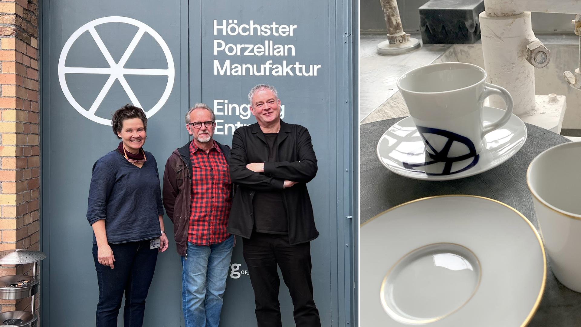 Drei Personen vor dem Eingang der Höchster Porzellan Manufaktur sowie handgefertigte Porzellantassen und Untertassen aus der Produktion. | Diane Häfner; hr/ Grete Götze; Bildkombi: hessenschau.de