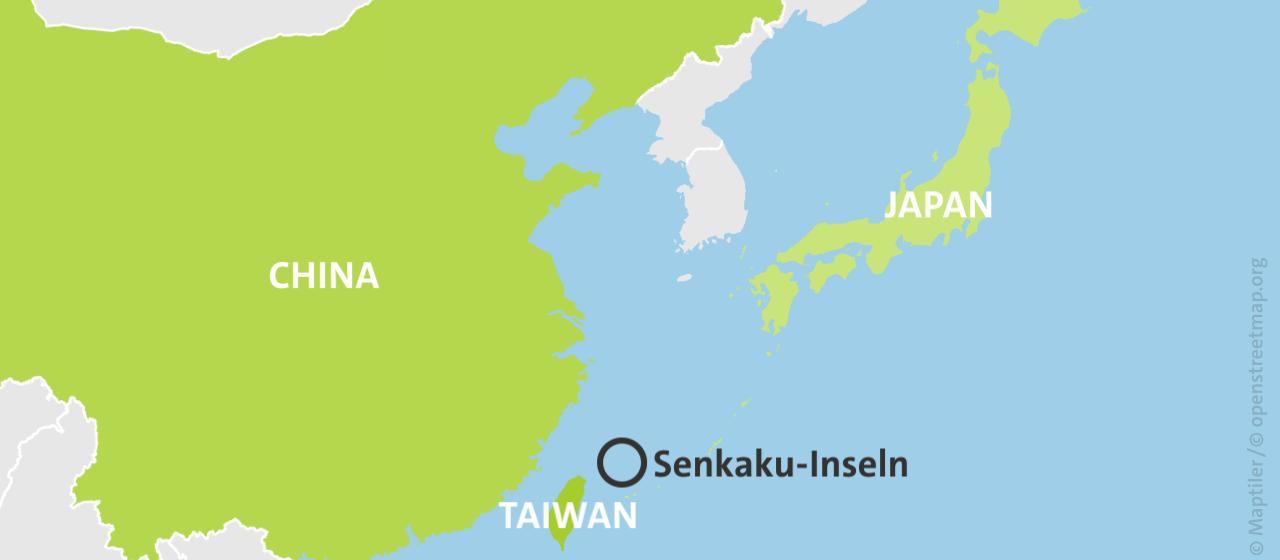 Karte: China, Japan und Taiwan mit Hervorhebung Senkaku-Inseln