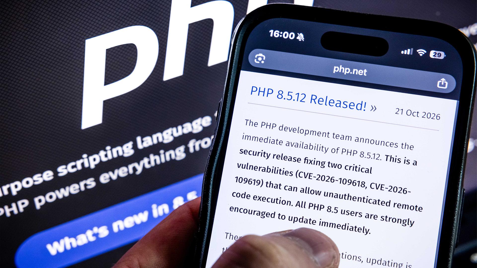 Die Website der PHP Foundation mit einem Update auf die neueste PHP-Version. (Quelle: dpa/ANP) | dpa/ANP