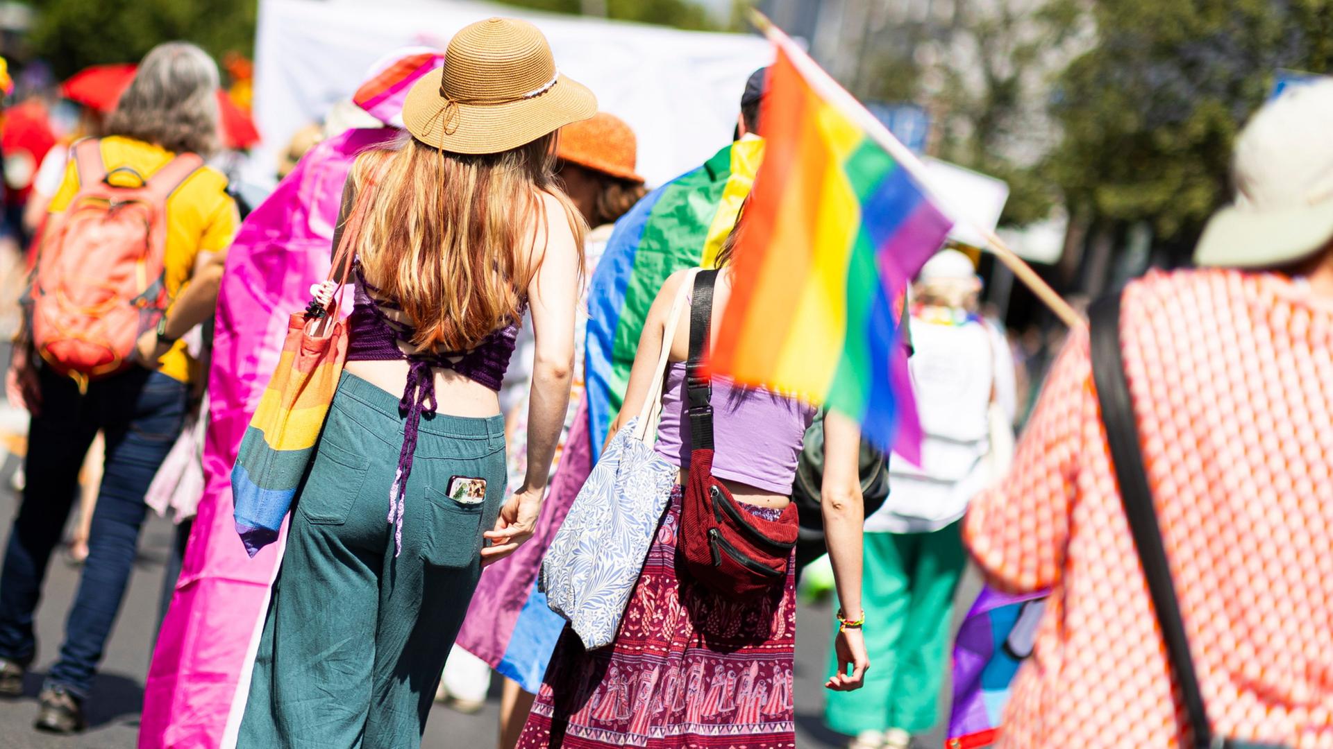 Teilnehmer des Christopher Street Day ziehen mit Fahnen durch die Braunschweiger Innenstadt | Michael Matthey/dpa