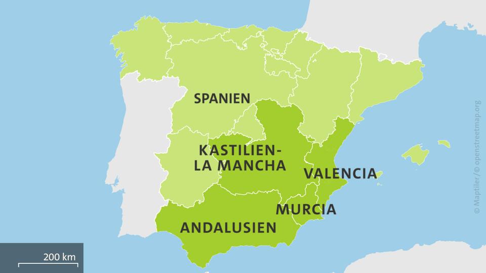 Karte: Spanien mit den Regionen Valencia, Andalusien, Murcia und Kastilien-La Mancha
