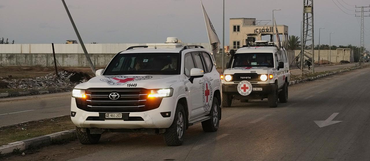 Ein Konvoi des Roten Kreuzes fährt im Gazastreifen in Richtung Grenzübergang zu Israel.