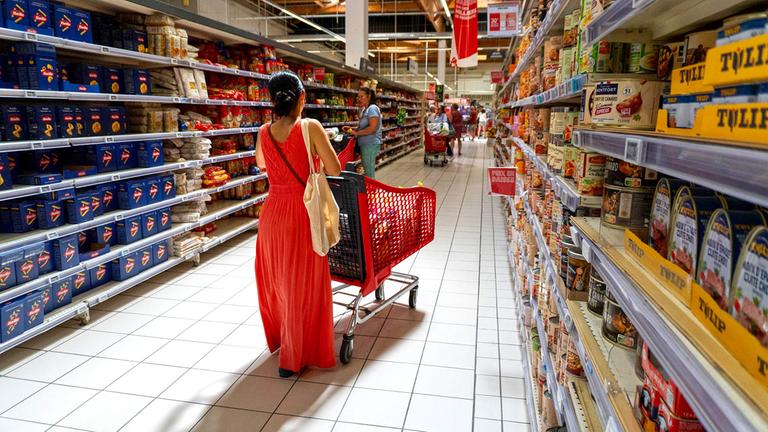 Kunden beim Einkauf in einem Supermarkt bei Lyon, Frankreich