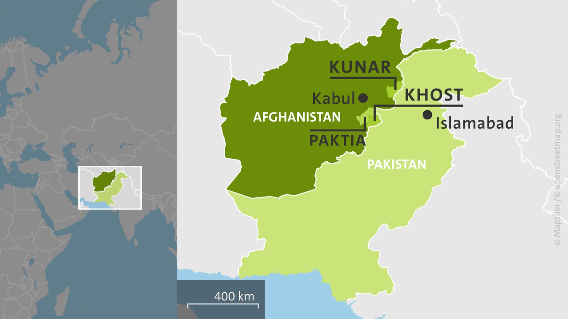 Karte: Pakistan mit dem Ort Islamabad, Afghanistan mit dem Ort Kabul sowie den Provinzen Kunar, Khost und Paktia | ARD-aktuell