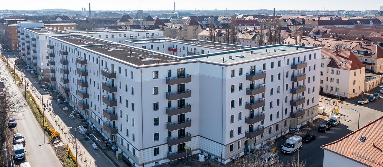 Luftaufnahme von fertiggestellten Sozialwohnungen in Leipzig, Sachsen. (Archivbild: 8. März 2022)