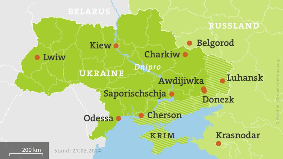 Karte Ukraine, schraffiert: von Russland besetzte Gebiete