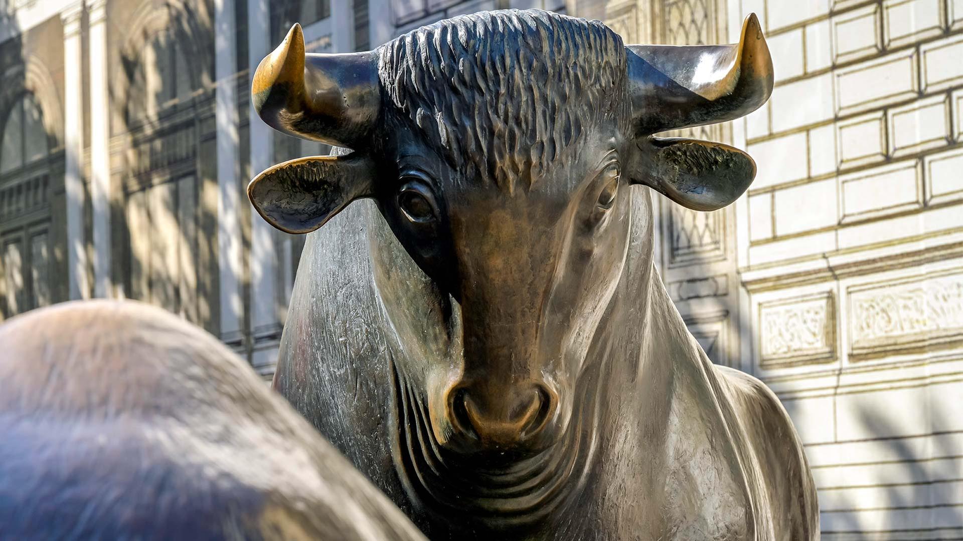 Die Skulptur des Bullen vor der Frankfurter Börse. | picture alliance / Schoening