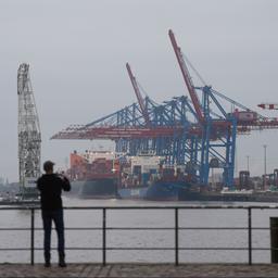 Ein Mann blickt auf das Containerterminal im Hamburger Hafen