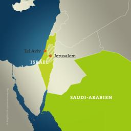 Die Karte zeigt Saudi-Arabien und Israel mit Tel Aviv und Jerusalem