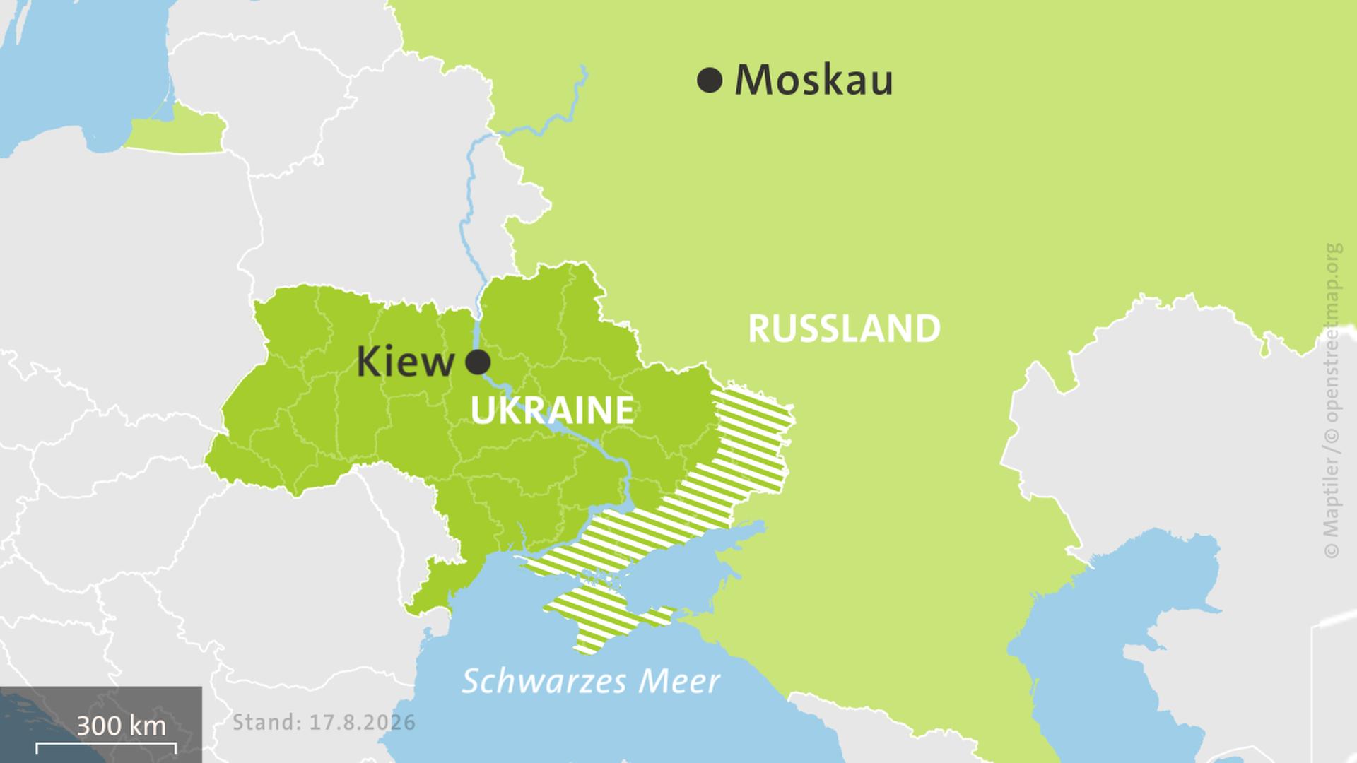 Karte: Ukraine und Russland, hell schraffiert: von Russland besetzte Gebiete. | ISW, Critical Threats Project | Stand: 17.8.2026