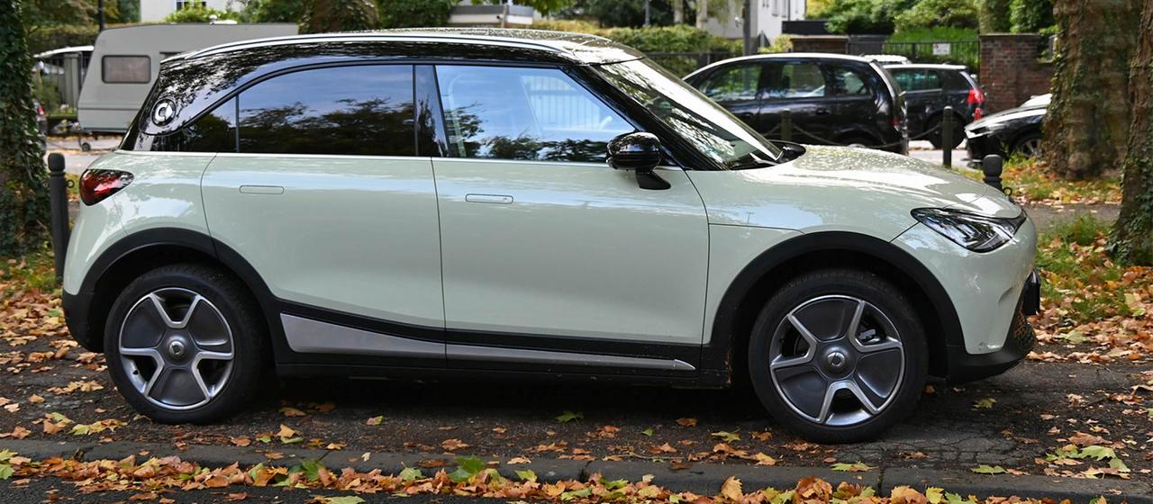 Ein Smart steht an einer herbstlichen Straße.