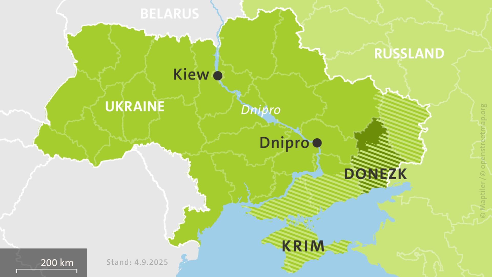 Karte der Ukraine und Russlands, hell schraffiert: von Russland besetzte Gebiete | ISW, Critical Threats Project | Stand: 04.09.2025