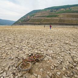 In einem ausgetrockneten Teil des Rheins wird ein Fahrrad freigelegt. Im Hintergrund gehen Menschen im Flusbett spazieren.