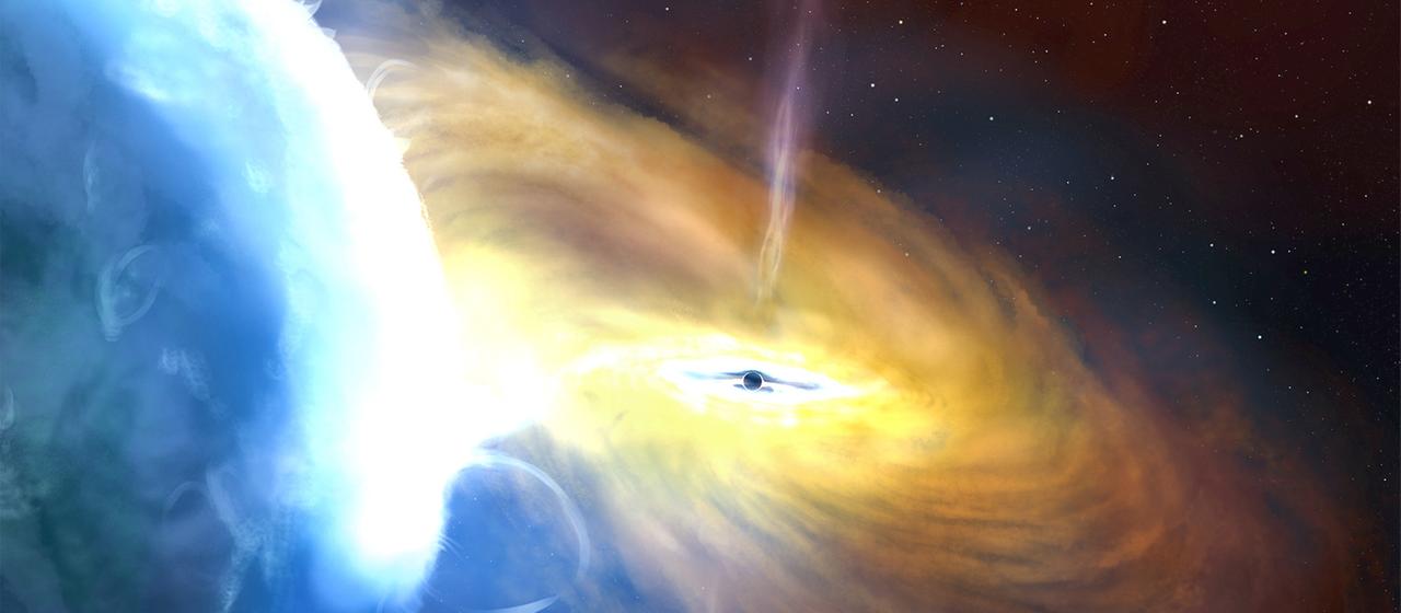 Eine Illustration der Universität Southampton zeigt eine künstlerische Darstellung der gravitationsbedingten Massenzunahme durch Aufsammeln von Materie eines Schwarzen Lochs.