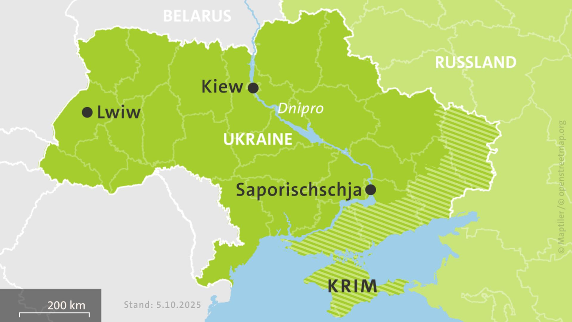 Karte der Ukraine und Russlands, hell schraffiert: von Russland besetzte Gebiete | ISW, Critical Threats Project | Stand: 4.10..2025