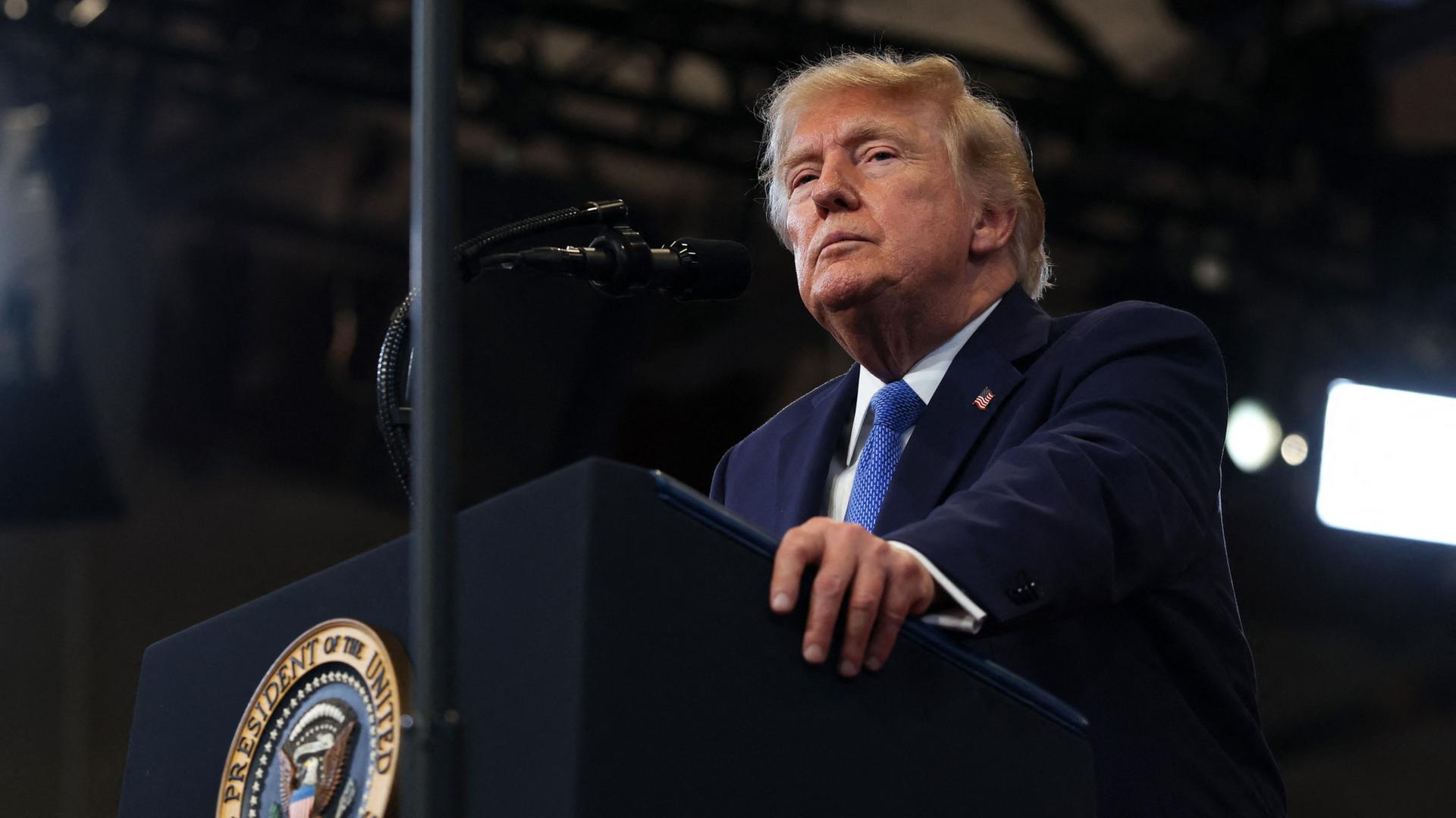 USs-Präsident Trump bei einer Rede in Garden City. | Getty Images via AFP