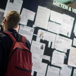 Ein junger Mann steht vor einer Pinnwand mit Wohnungssuchanzeigen- und Angeboten