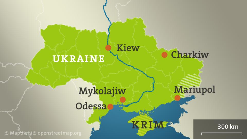 Karte: Ukraine mit den Orten Kiew, Mykolajiw, Odessa, Charkiw, Mariupol